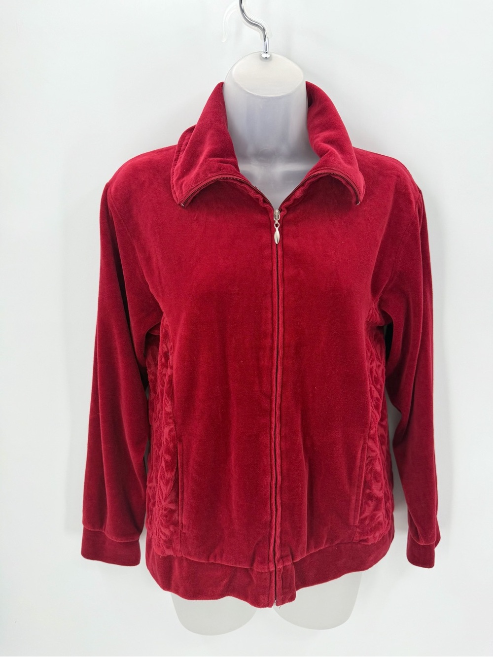Jane Ashley Jacket Womens Petite Large PL Red Velour Textured Panels Full Zip